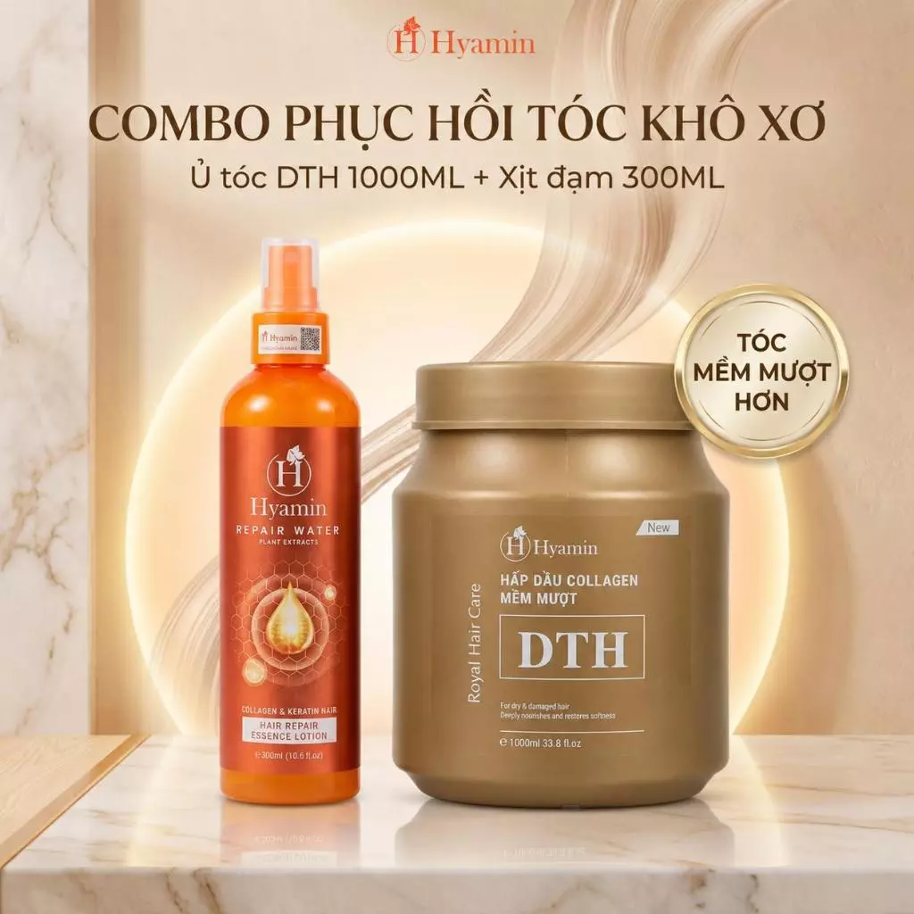 Combo hấp dầu Collagen DTH Hyamin 1000ml xịt đạm phục hồi khô xơ 300ml
