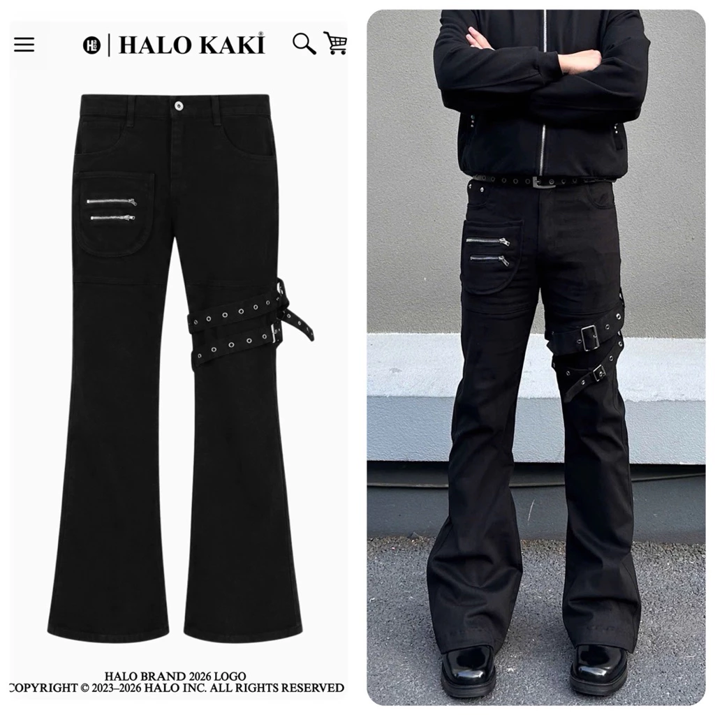 Quần jeans LOE ZIPPER phối 2 đai kim loại quấn đùi (Double wrap straps) halo kaki phong cách douying