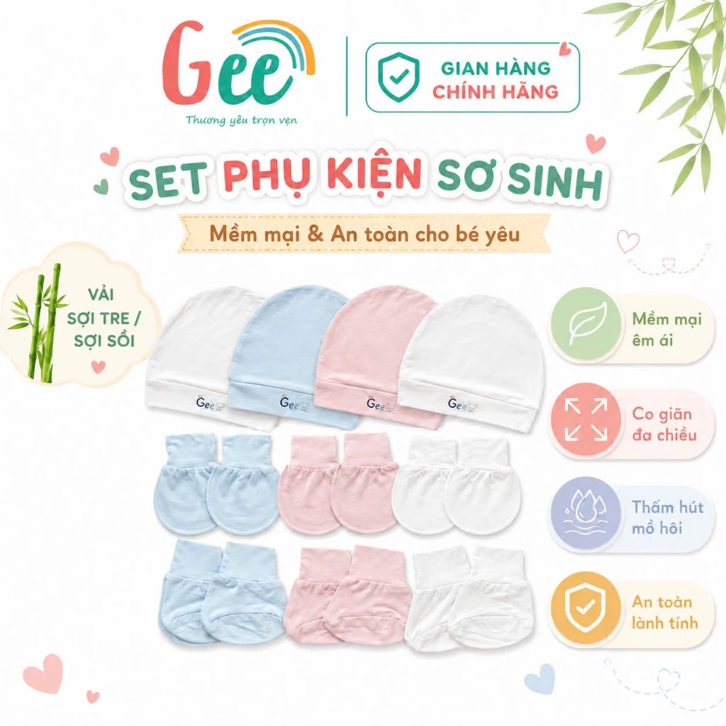 Phụ kiện sơ sinh Gee sợi tre, sồi, set bao tay bao chân, mũ/nón cho bé mềm mại, thoáng khí, an toàn