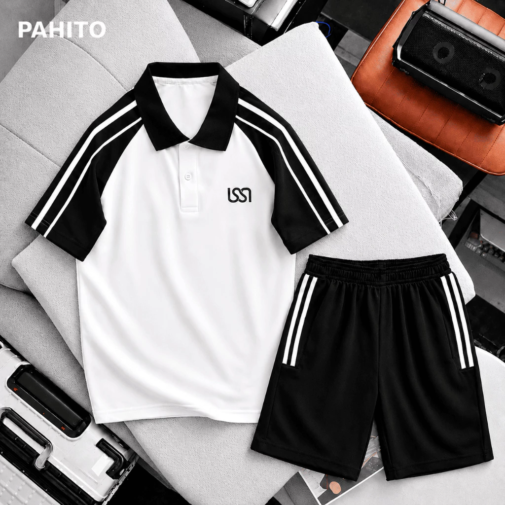 (Deal Mở Bán) Bộ Quần Áo Nam PAHITO Ngắn Tay Cổ Bẻ Mùa Hè Thêu Logo Kết Hợp Quần Short Hai Sọc Lửng BH38