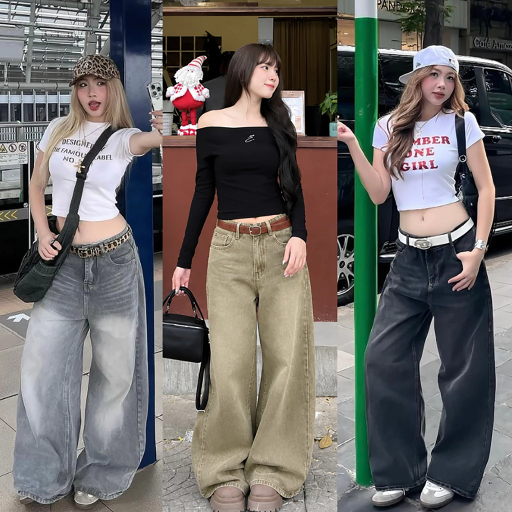 Quần Jeans Nữ Đen Wash Ống Rộng Lưng Cao Màu Xanh Bạc, Quần Bò Suông Ống Đứng Vintage SMOKE Ulzzang Hàn Quốc Hàn Quốc