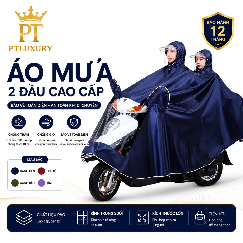 [ HỎA TỐC ] Áo mưa PTLUXURY đi xe máy 1 người và 2 người che phủ toàn thân, kèm kính chắn mưa tiện lợi