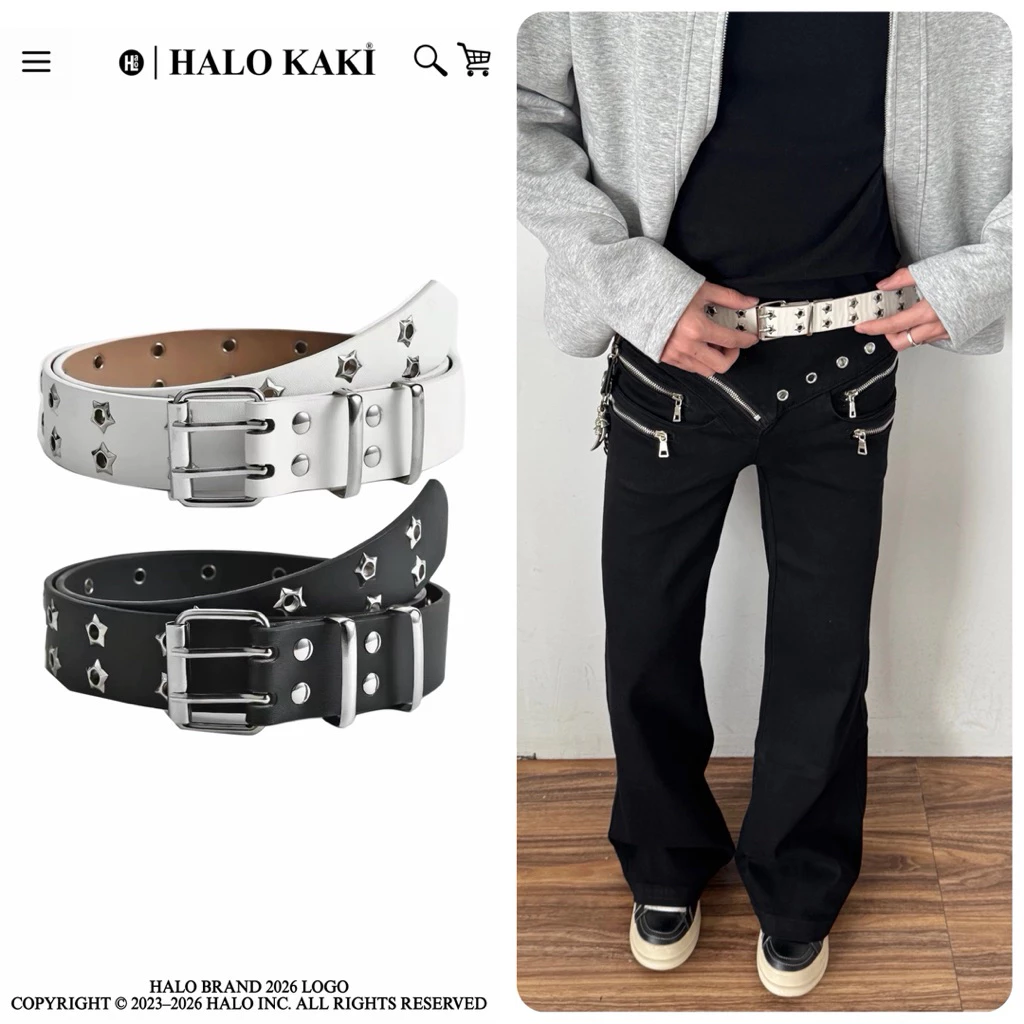 [BẢNG TO] THẮT LƯNG 2 LỖ NGÔI SAO TRẮNG ĐEN PHONG CÁCH Y2K DOUYING UNISEX HALO KAKI