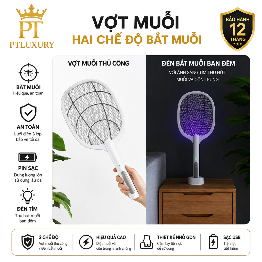 Vợt muỗi PTLUXURY tự động kiêm đèn bắt muỗi 2 in 1 tự động sạc và tích điện [ SẶC Ở ĐẾ ]