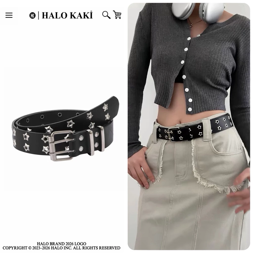 [BẢNG TO] THẮT LƯNG 2 LỖ NGÔI SAO ĐEN/TRẮNG PHONG CÁCH Y2K DOUYING UNISEX HALO KAKI
