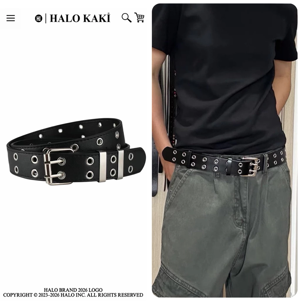 [ BẢNG TO] THẮT LƯNG 2 LỖ TRÒN ĐEN PHONG CÁCH Y2K DOUYING UNISEX HALO KAKI