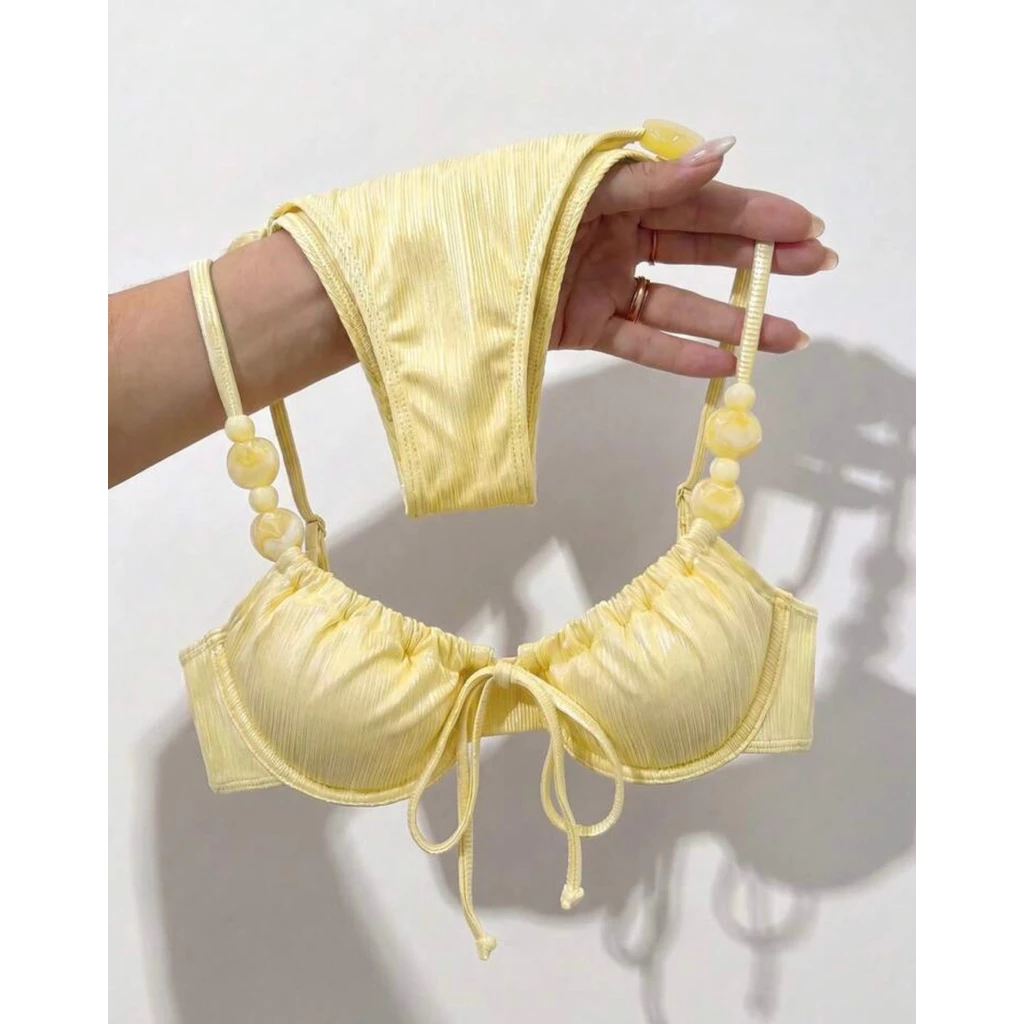 𝗠𝗔𝗜 𝗕𝗜𝗞𝗜𝗡𝗜 •HOẢ TỐC HN• SÉT BIKINI ÁO GỌNG NÂU - VÀNG MƠ GẮN ĐÁ