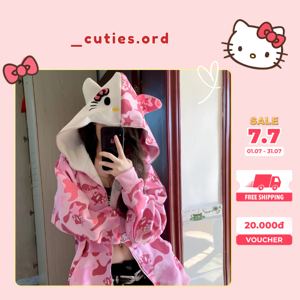 [ORDER] Áo Hoodie Hello Kitty Họa Tiết Cute Cá Tính – Áo Khoác Nỉ Dày, Form Unisex, Phong Cách Y2K