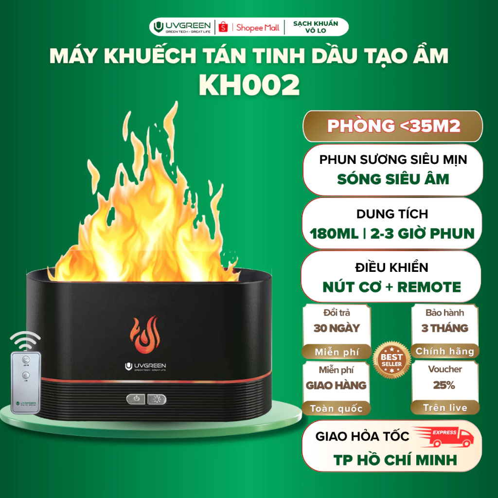 Máy Khuếch Tán Tinh Dầu & Tạo Ẩm UVGREEN KH002 180ml, Hiệu Ứng Ngọn Lửa, Sương Siêu Mịn Remote Từ Xa