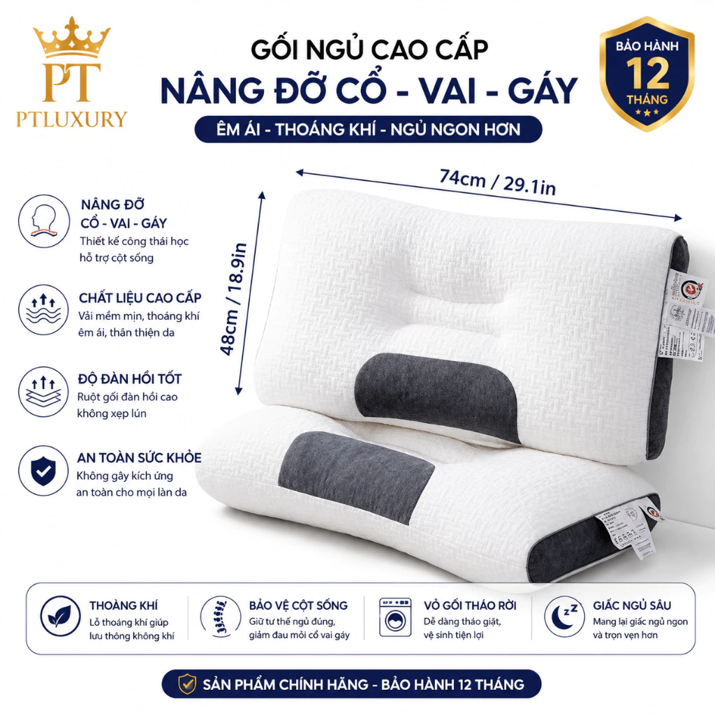 Gối Công Thái Học PTLUXURY Chống Đau Cổ Vai Gáy Dệt Kim Lõi Bông Xơ Chống Ngáy Giảm Mệt Mỏi