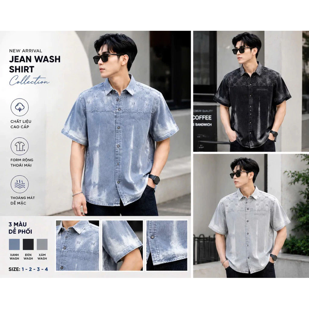Sơ mi nam jean wash form rộng, chất vải ka-ki dày dặn, form chuẩn thoáng mát TH