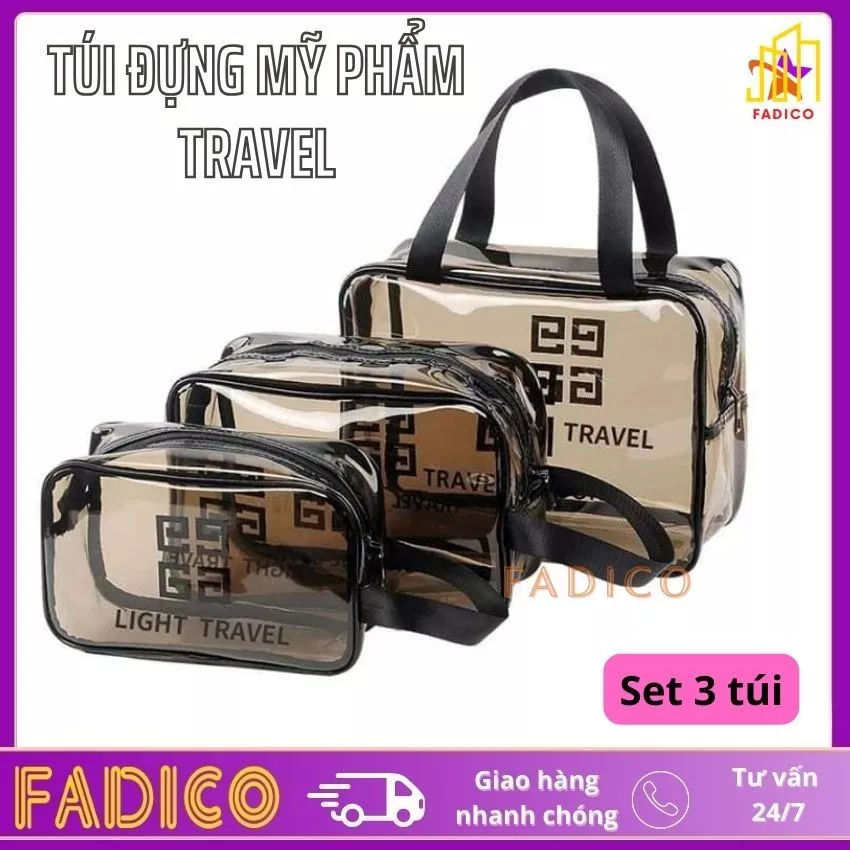 Set 3 Túi Đựng Mỹ Phẩm Du Lịch,Túi đựng đồ trang điểm du lịch chống nước,tiện lợi chất liệu PVC có khóa kéo và quay xách