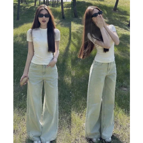 Quần jean bò ống suông rộng nữ xuông jeans cạp cao phong cách style Hàn Quốc