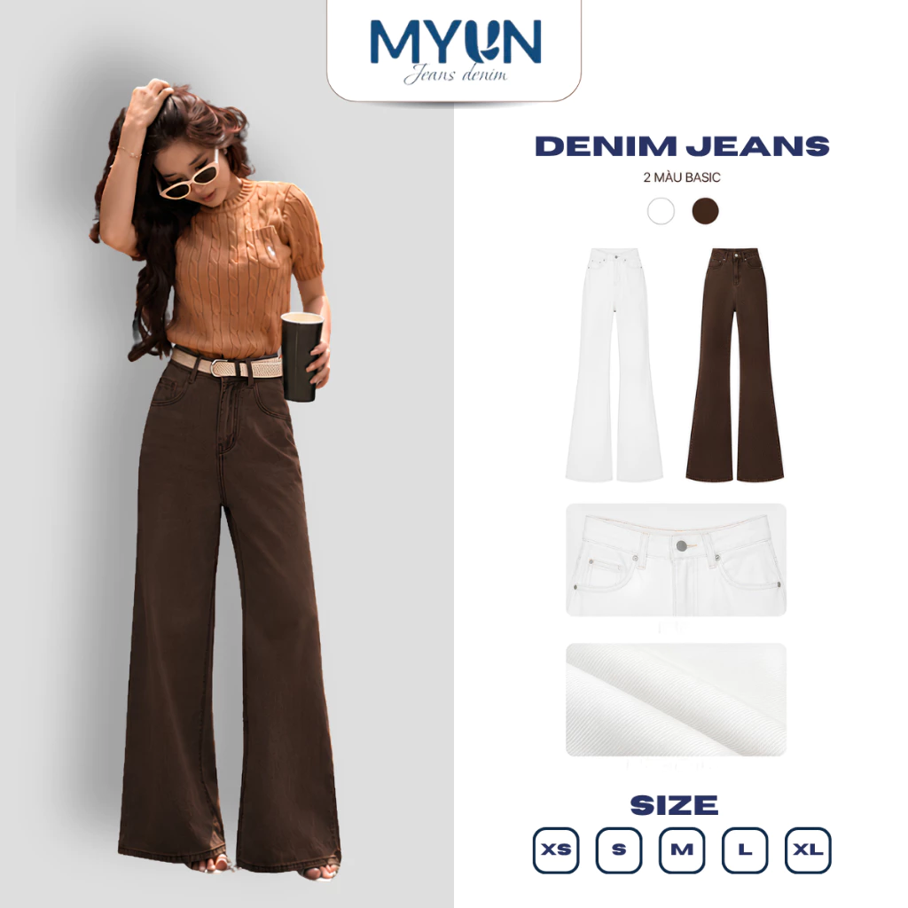 MYUN - Quần Jean Nữ ống rộng Loe, ống 34cm, cạp cao tôn dáng, quần bò loe NÂU CHOCO vải cotton JL0001