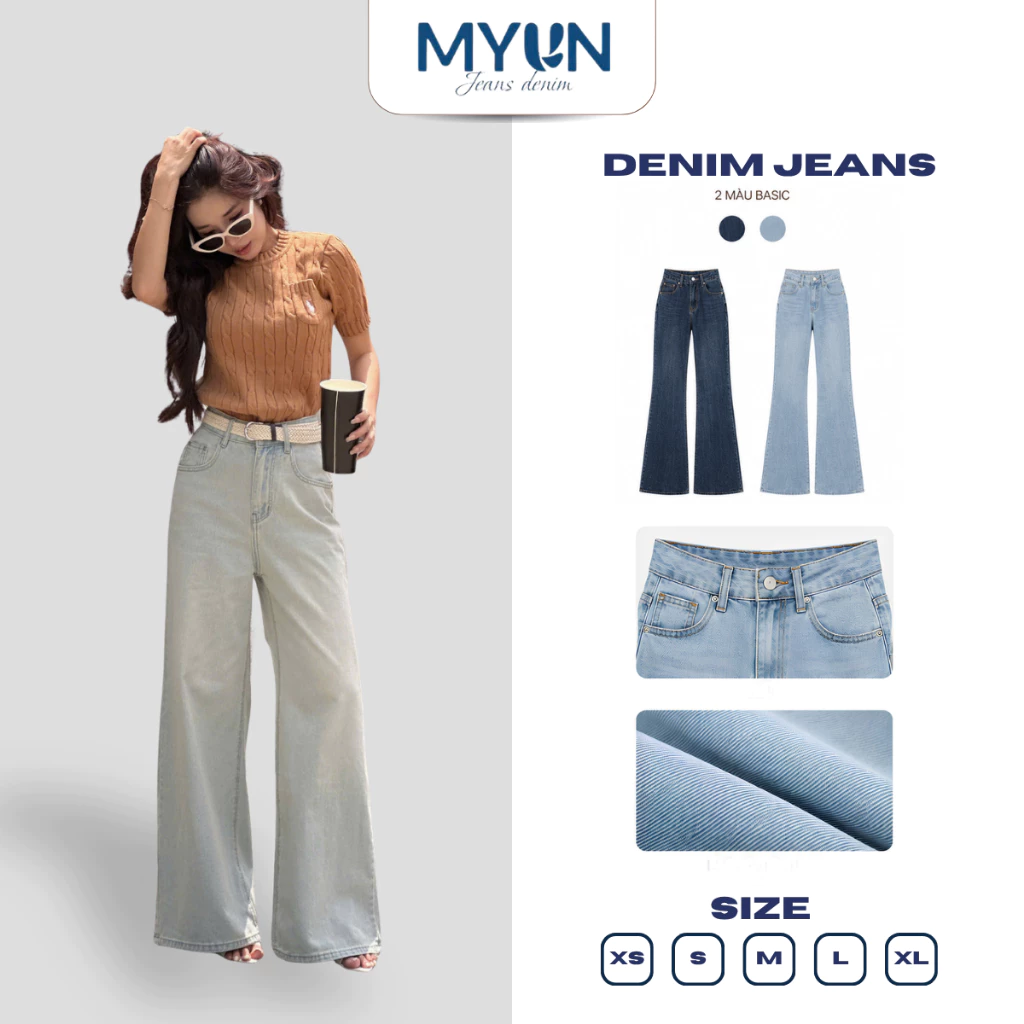 MYUN - Quần Jean ống Loe nữ dáng , ống rộng 34cm, cạp cao tôn dáng, quần jean ống rộng loe denim xanh đen vải JL0001