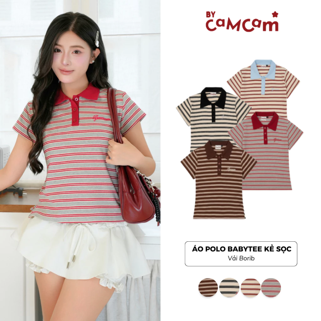 Áo Polo Kẻ Sọc BabyTee 𝑩𝒚𝒄𝒂𝒎𝒄𝒂𝒎 Họa Tiết Thêu Thiết Kế Tôn Dáng Cho Nữ APN013