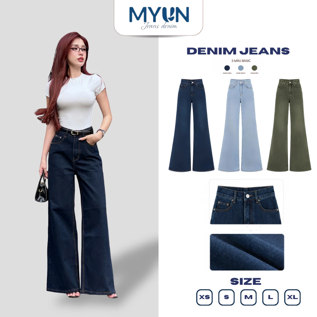 MYUN - Quần Jean Nữ Ống Loe 34CM Lưng Cao, Quần Bò Dáng Dài, Denim Cotton Cao Cấp, Túi Thêu Basic, Hack Dáng JL00322