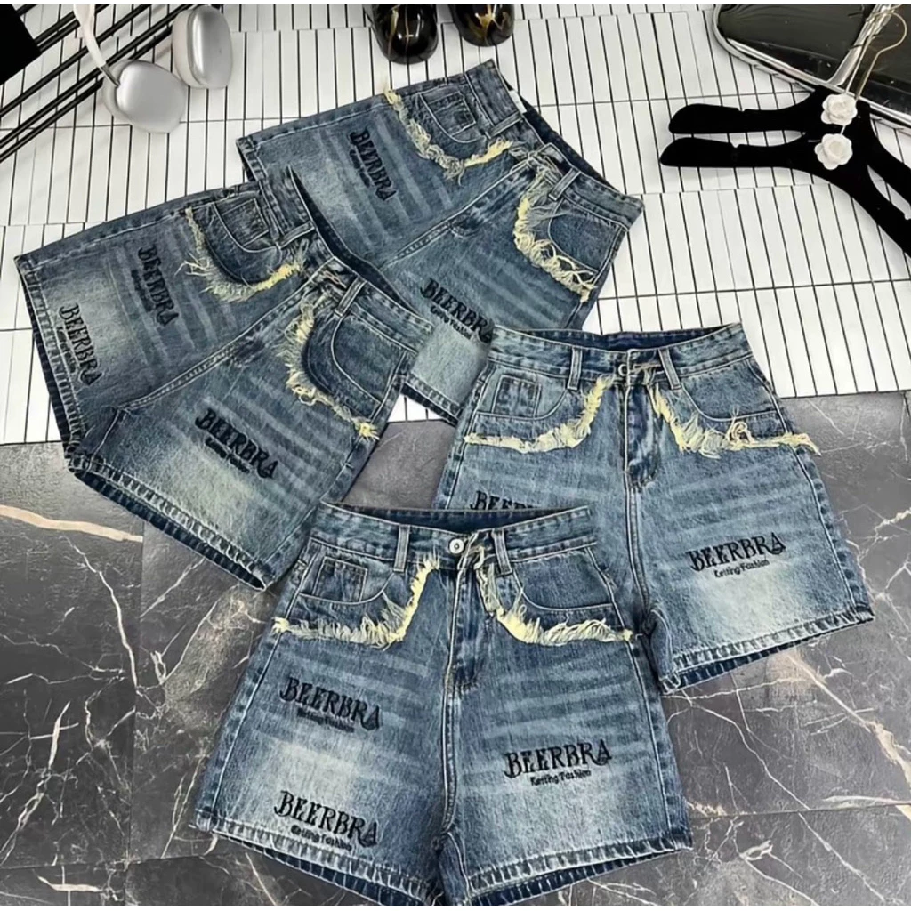 Quần short jeans thêu Beerbra cạp khoá lưng cao mặc trẻ trung năng động cho nữ