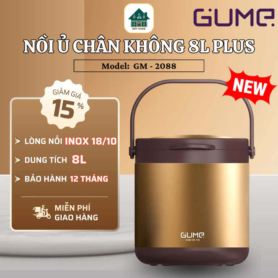 Nồi Ủ Chân Không 8L Plus Gume GM-2088 Dung Tích 8L Rộng Rãi, Giữ Nhiệt Lâu Tiện Lợi - Bếp Home