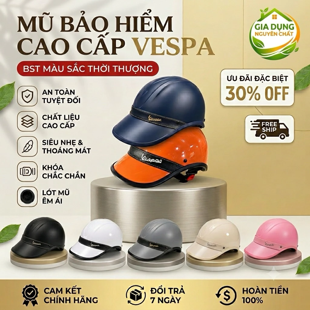 [Bán Giá Sỉ] Mũ Bảo Hiểm Vespa Dành Cho Nam Và Nữ 3 Lớp Dày Dặn Nhiều Màu Sắc Sơn Đẹp Bền Màu Lỗi Đổi 1-1