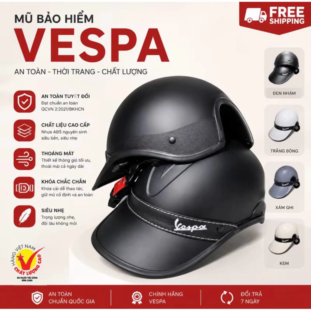 Mũ Bảo Hiểm Lưỡi Trai Vespa Cao Cấp Có Đệm Quai Đeo Chắc Chắn Đủ Nam Nữ Màu Sắc