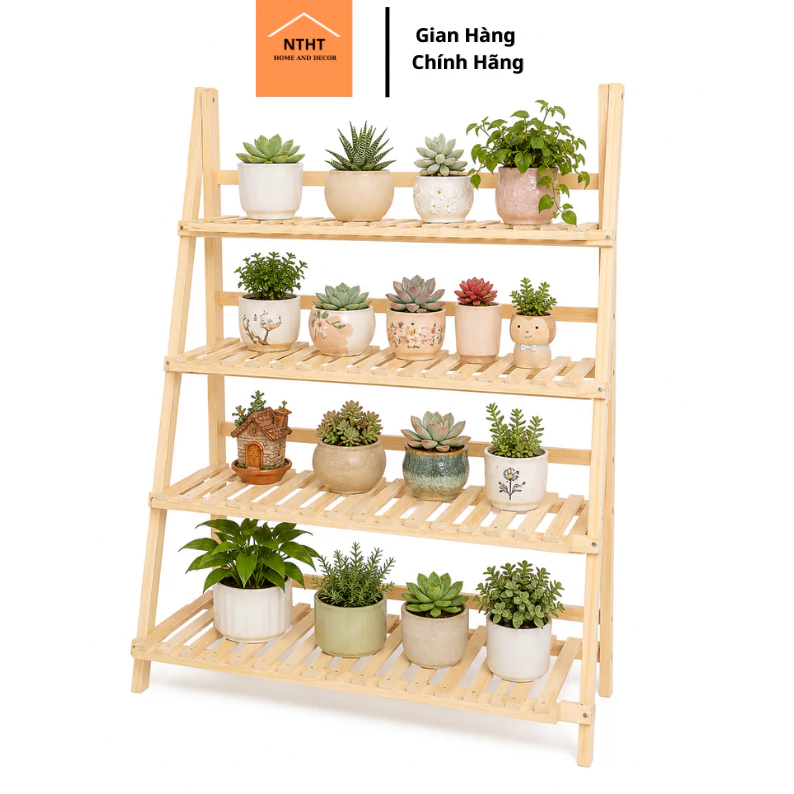 Kệ gỗ DECOR HT 4 tầng đa năng gấp gọn để cây, để đồ gỗ tự nhiên