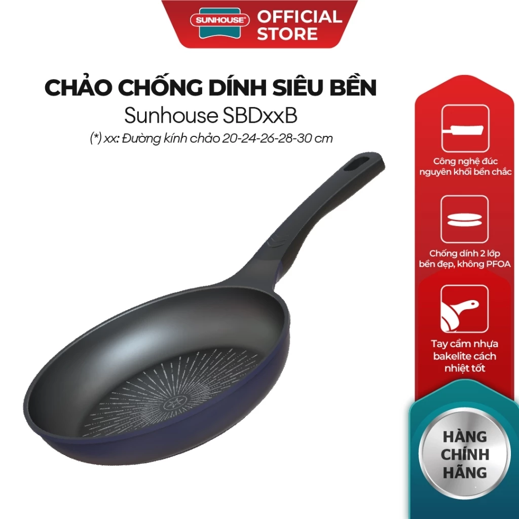 [KHÔNG TỪ] Chảo chống dính siêu bền Sunhouse SBD20-24-26-28-30B - Chống dính 2 lớp - Vân đá truyền nhiệt