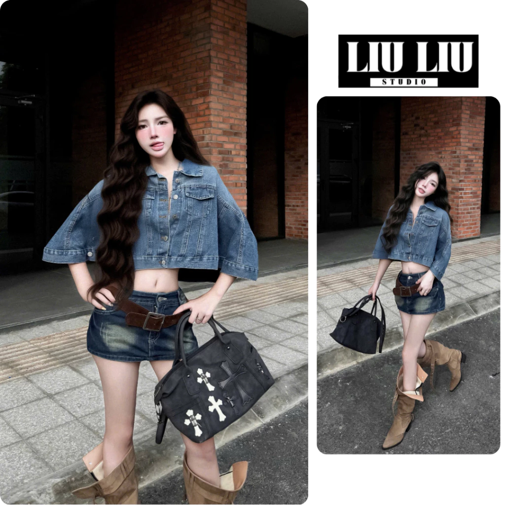 Áo khoác jean LIULIU STUDIO L43 croptop cánh dơi denim wash xanh form rộng cá tính streetwear nữ thời trang
