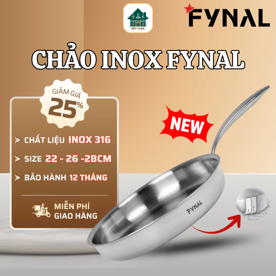 Chảo Inox Fynal Cạn Lòng Đáy Từ 5 Lớp Truyền Nhiệt Nhanh, Dùng Được Mọi Loại Bếp - Bếp Home