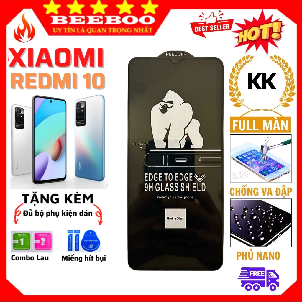 Kính Cường Lực Xiaomi Redmi 10 - Full màn hình - Độ cứng 9H - Độ trong suốt cực cao - Chống va đập tốt KK