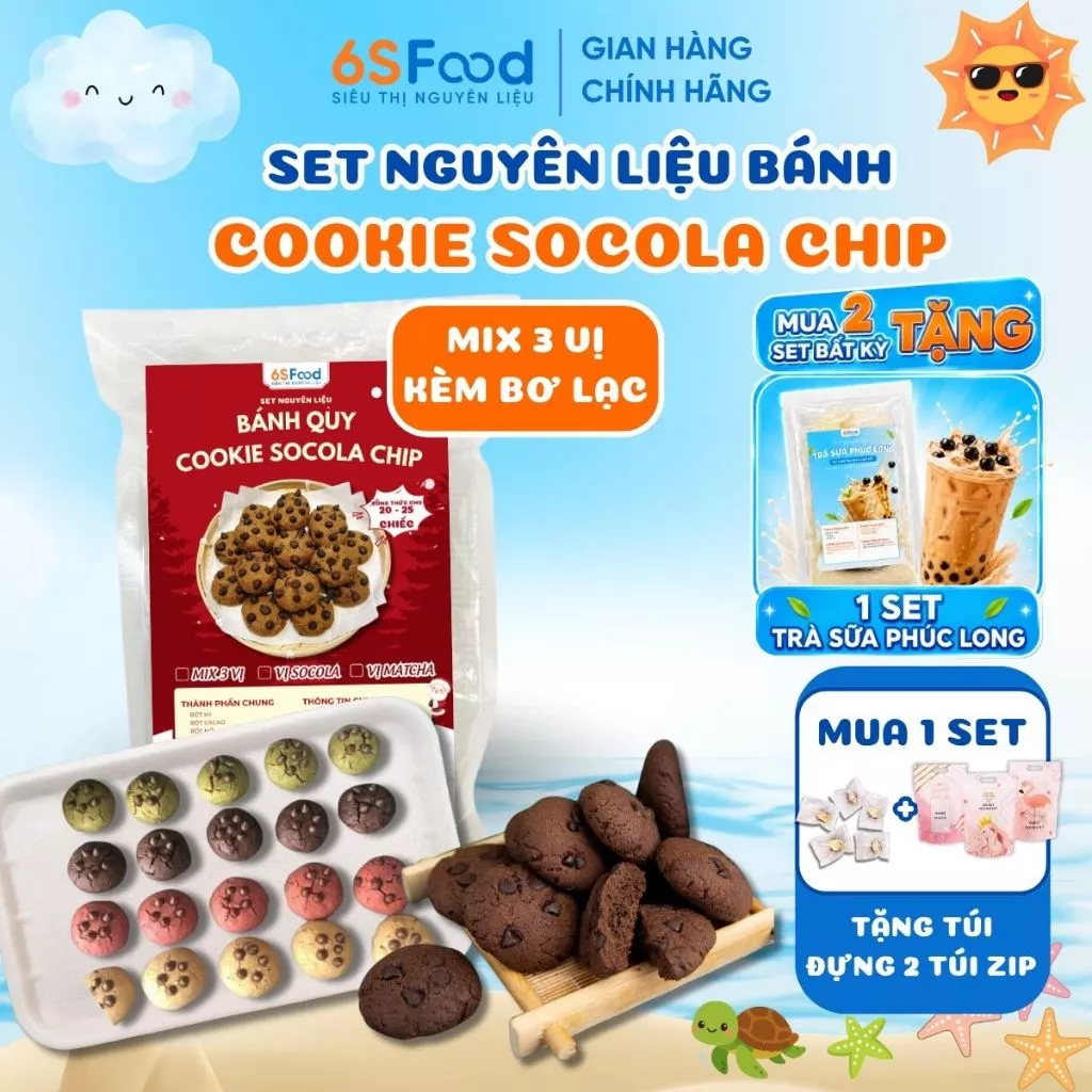 Set Nguyên Liệu Bánh Cookie Socola Chip mix 3 vị Cacao, Socola, Matcha Thơm Giòn - 6SFOOD
