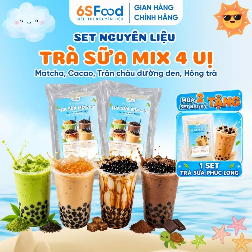Set Trà Sữa mix 4 vị Matcha, Cacao, Trân châu đường đen, Hồng trà thành phẩm 30-35 ly-  6SFOOD