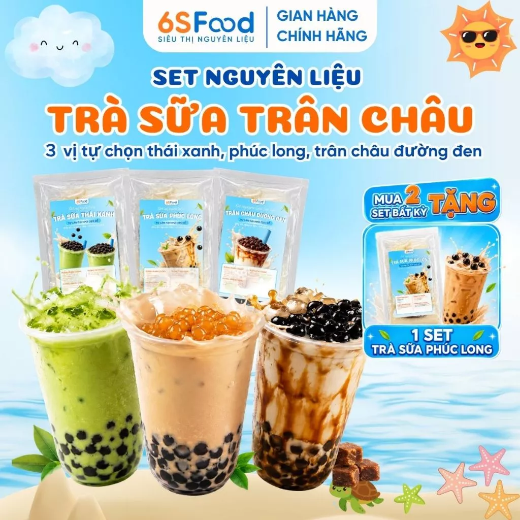 Set Nguyên liệu Trà Sữa Trân Châu 3 vị tự chọn Thái xanh, Trân châu Đường đen, Phúc Long  - 6SFOOD