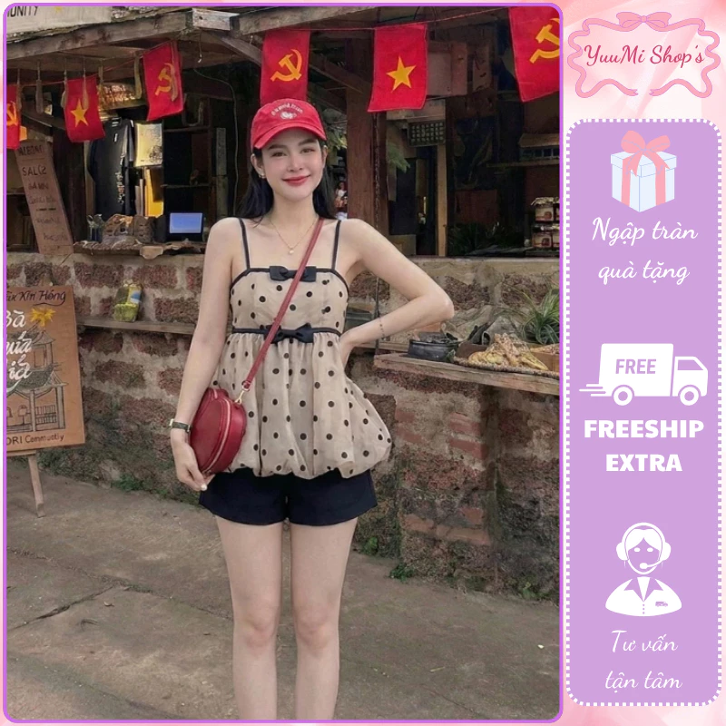 Set áo kiểu hai dây đính nơ chấm bi vintage dáng bí che bụng mix quần đùi đen dạo phố HCOM27404
