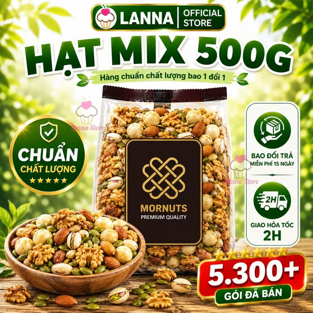 【NHẬP KHẨU CHÍNH NGẠCH】Hạt Tổng Hợp Mornuts 500g Cao Cấp Hạnh Nhân, Macca,Óc Chó, Dẻ Cười Mix 5 Loại