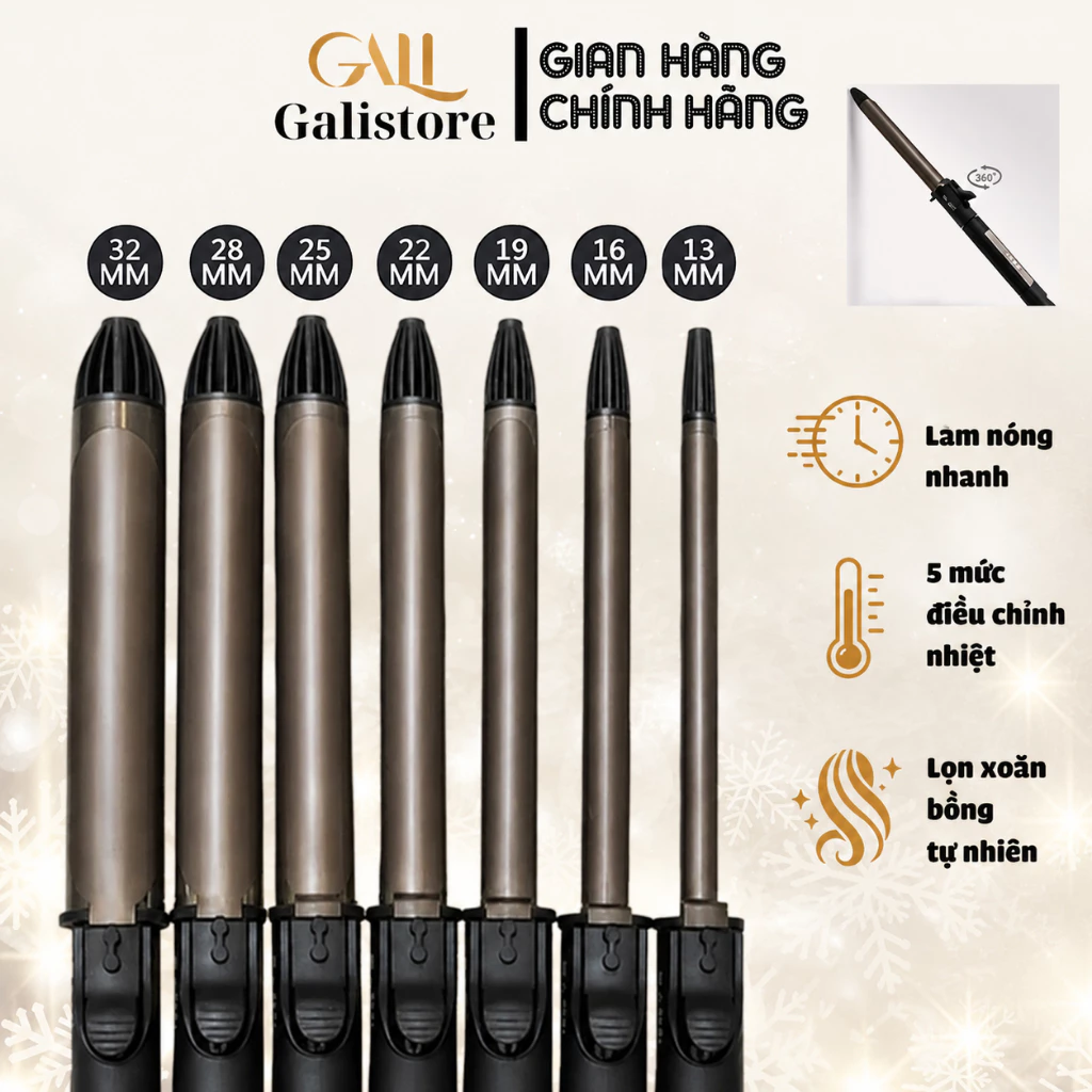 Máy uốn tóc làm xoăn GALI xoay trục, Model 904 kiểu Hàn Quốc; Sz 9 13 16 19 22 25 28 32 38; YOUNGGALI 110-240v Galistore