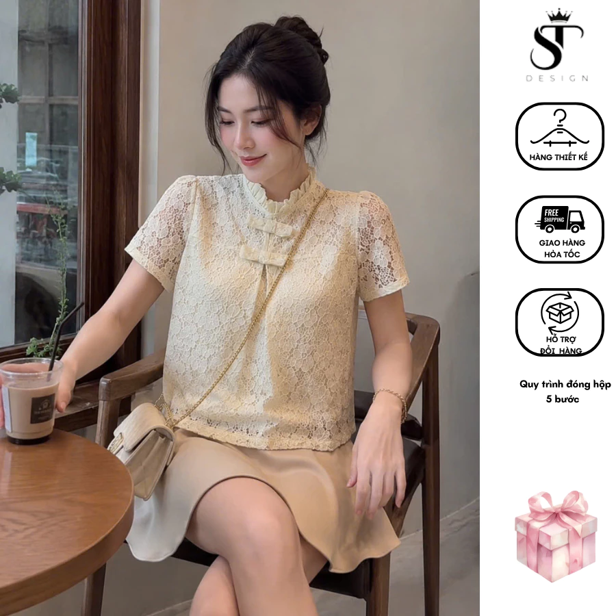 Áo kiểu tiểu thư hottrend 2 lớp phối ren sang chảnh màu Be kem phong cách Hàn Quốc - ST Design - k90