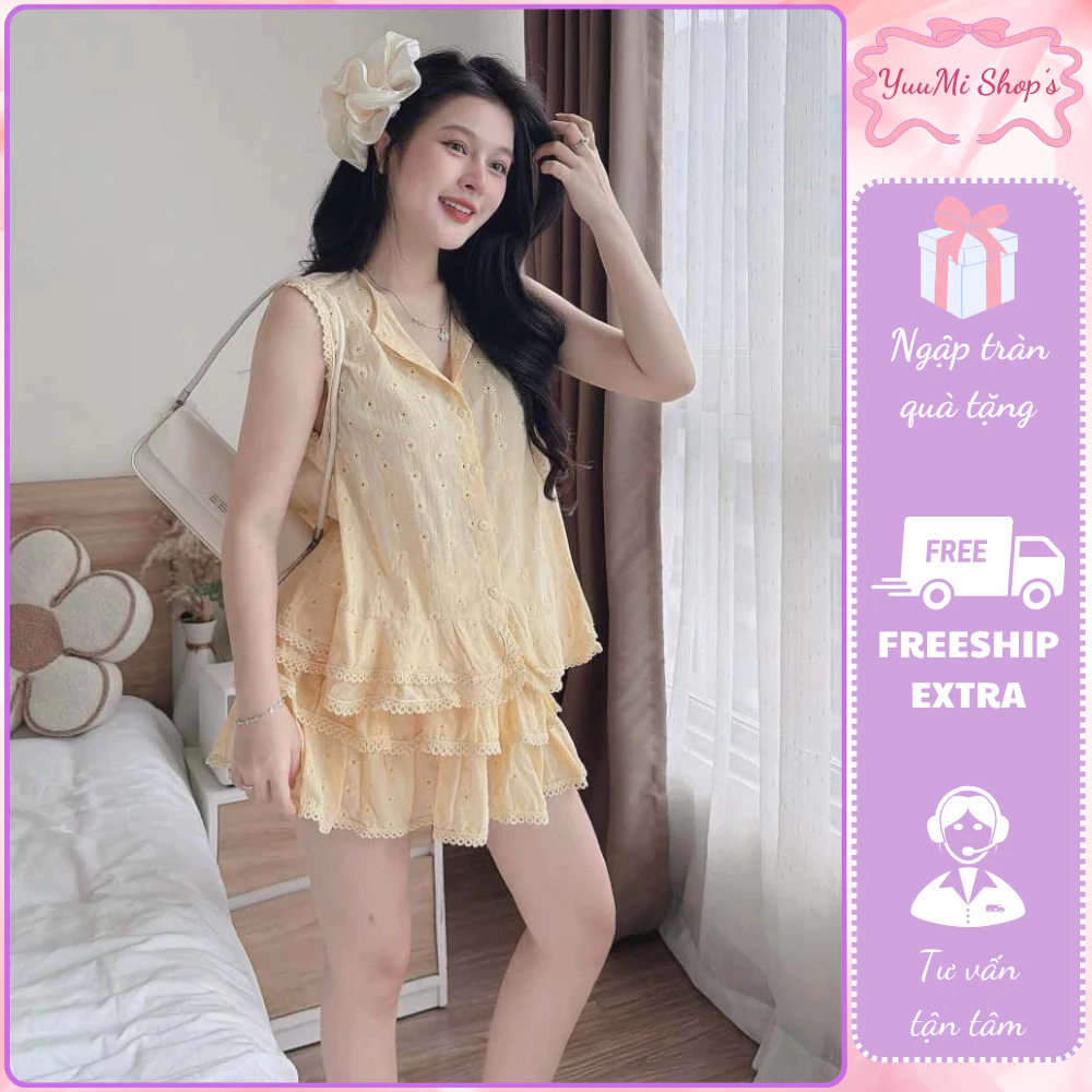 Bộ đồ nữ mùa hè dáng babydoll xếp tầng chất thô mát mẻ viền ren điệu đà mặc đi du lịch sang trảnh HCOM27483