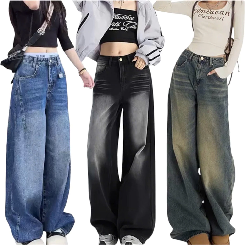 Quần jeans suông ống rộng cạp khoá lưng cao mặc hách dáng cho nữ