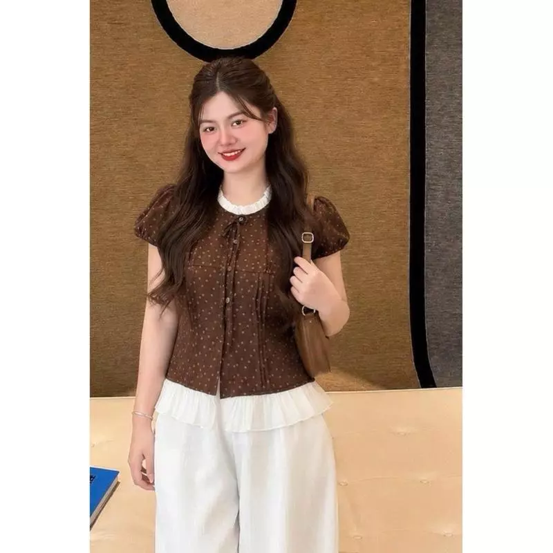369 BIGGSIZE Áo điệu nữ cộc tay hoa nhí phối viền bèo buộc nơ nhỏ