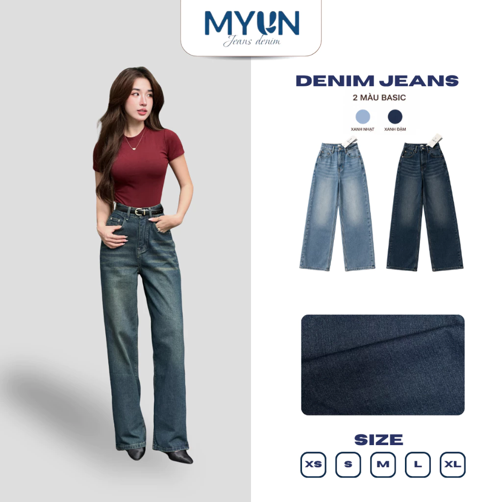 MYUN - Quần Jean Nữ ống Rộng cạp cao dáng suông cạp cao, quần denim ống siêu rộng JR0001