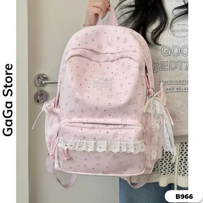 Balo nữ balo họa tiết hellokitty đi học, balo viền ren thời trang cho học sinh cấp 1 cấp 2 B966 Gaga Store