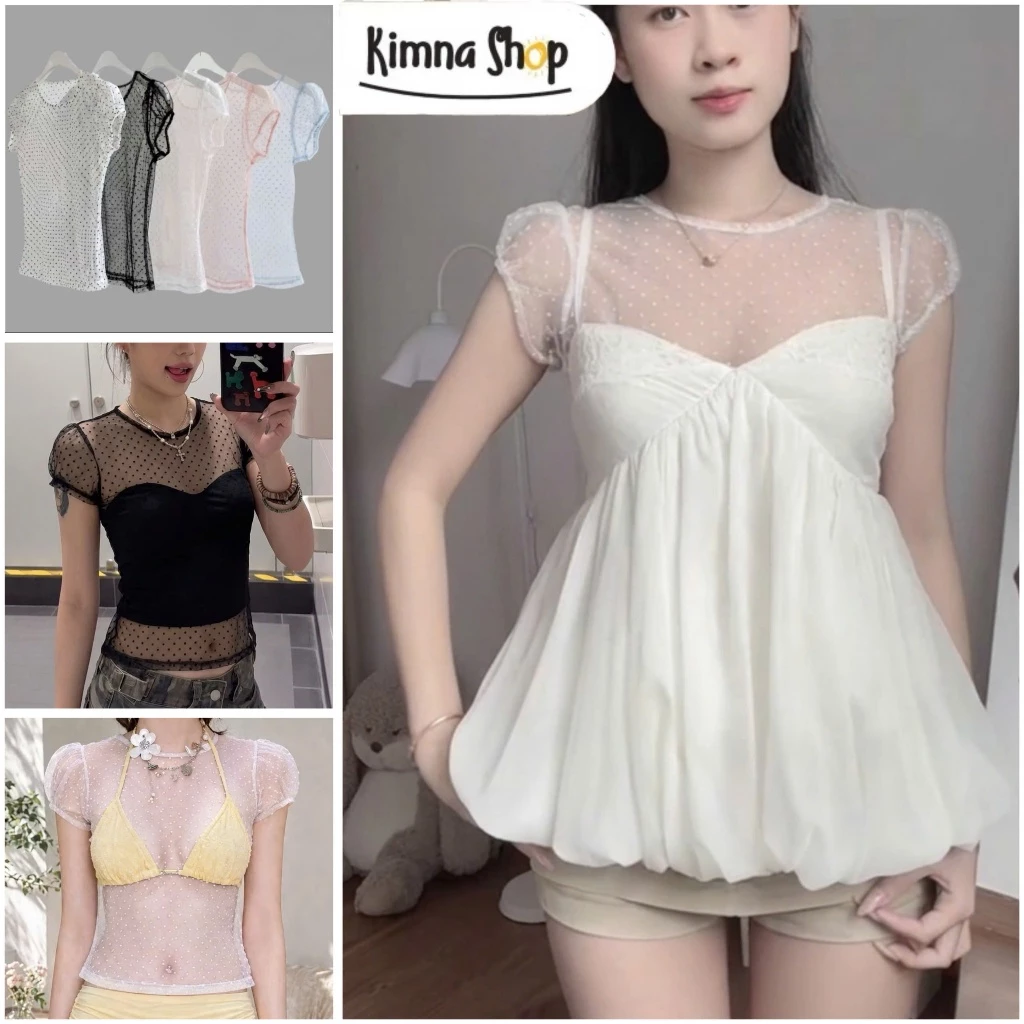 Áo Lưới Chấm Bi Tay Bồng Mix Trong, Áo Xuyên Thấu