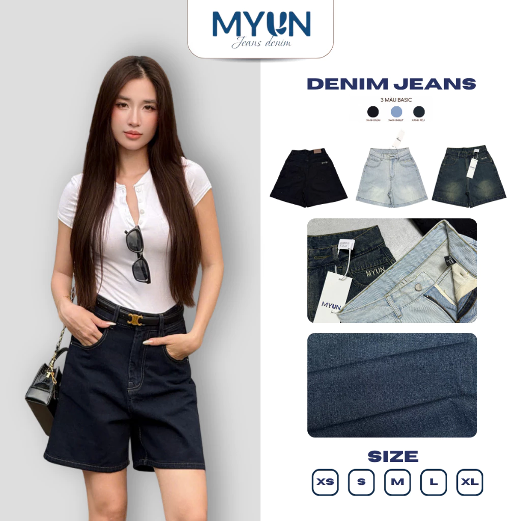 MYUN- Quần ngố Jean Nữ thêu ống rộng cạp cao dáng lửng Thêu quần bò chất denim Cotton trendy JN0002