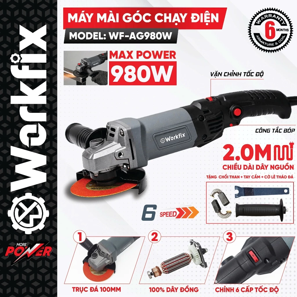 Máy mài góc chạy điện Workfix WF-AG980W công suất 980W - Máy cắt cầm tay điều tốc 6 cấp độ dùng đá 100mm cốt M10