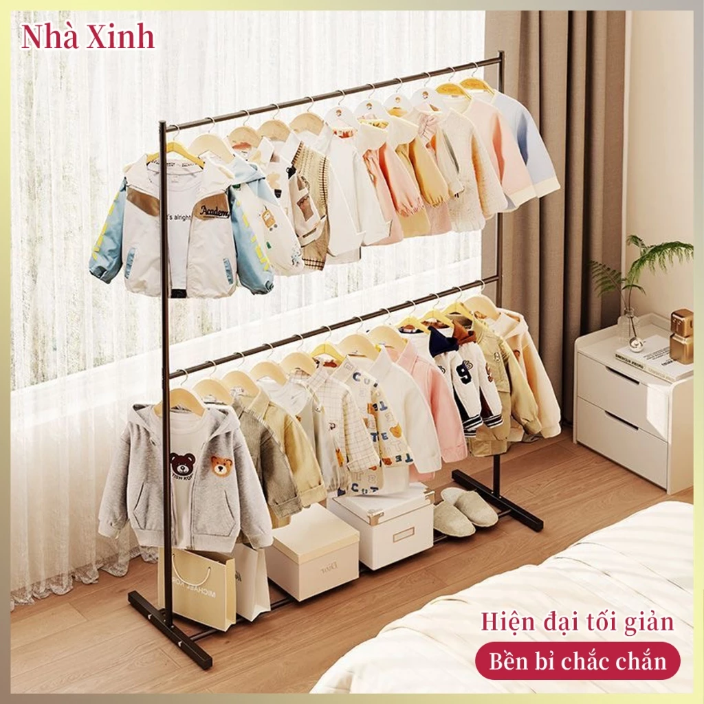 Giá treo quần áo 2 tầng đứng sàn thép dày chống gỉ chịu tải tốt vững chắc đáy chứa đồ cho phòng ngủ ban công