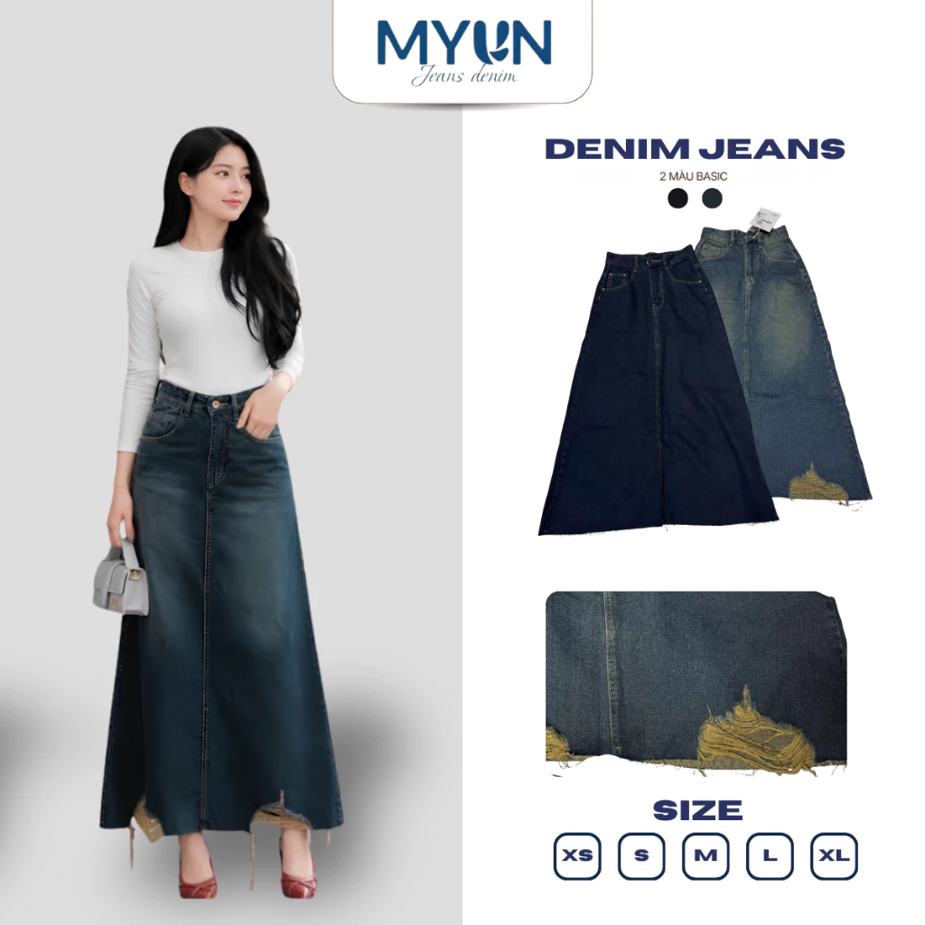[XẢ VOUCHER] MYUN - Chân váy jean nữ màu xanh than dáng dài form basic, dáng xòe lưng cao JV0001