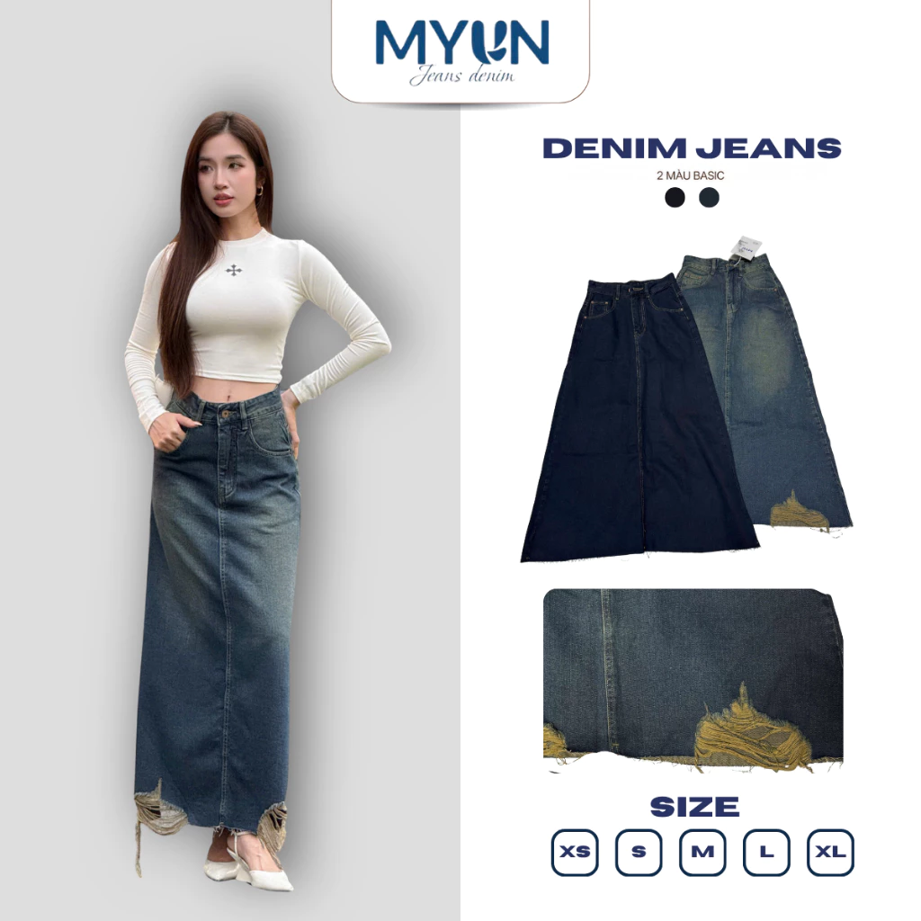 [XẢ VOUCHER] MYUN - Chân váy jean nữ dáng dài màu xanh than form basic, dáng xòe lưng cao JV0001