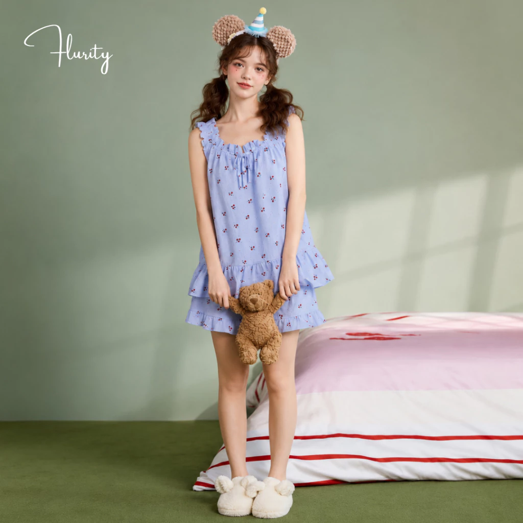 Set Bộ Đồ Quần Áo Nữ Thiết Kế Ngủ Áo Cổ Vuông Quần Ngắn Bản Dây Xoắn Chất Xốp Nhún Dễ Thương FLURITY - MIRA BN2DCN148