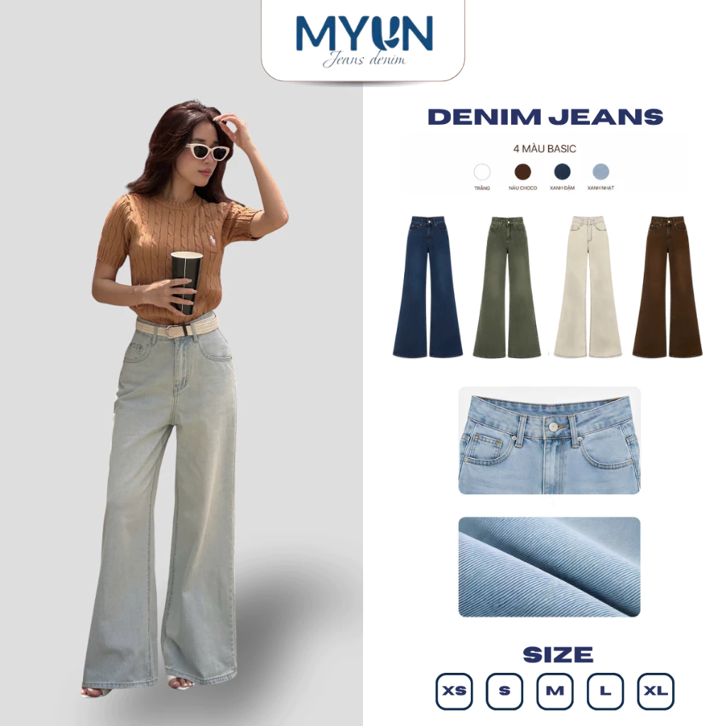 MYUN - Quần Jean Loe Nữ ống rộng 34cm cạp cao tôn dáng, quần bò loe denim xanh đen vải cotton JL0001